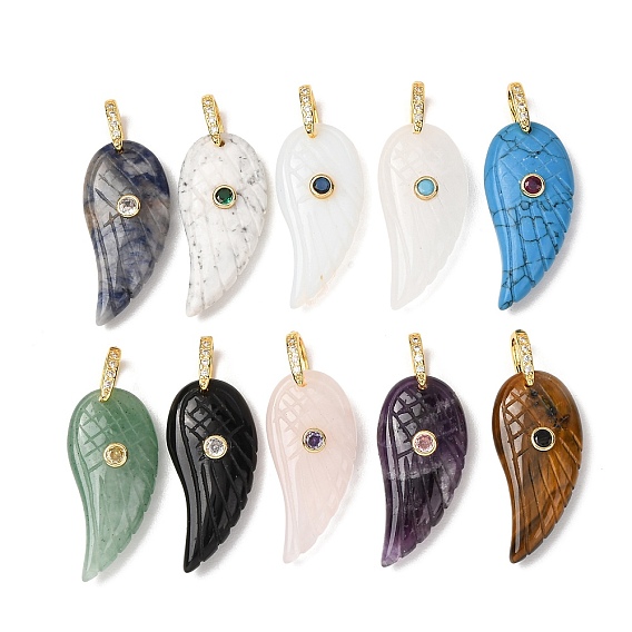 Natural Gemstone Pendants, Feather Shapes, with Brass Micro Pave Cubic Zirconia