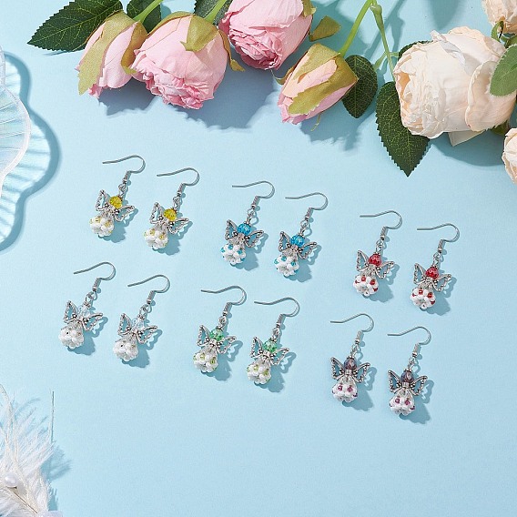 Серьги-подвески из стеклянных бусин ручной работы в виде ангела для женщин, 304 нержавеющей стали серьги крюков, античное серебро