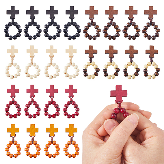 24 Stück 6 Farben Holzkreuz & runde Perlen Fingerringe, mit Polyesterschnur