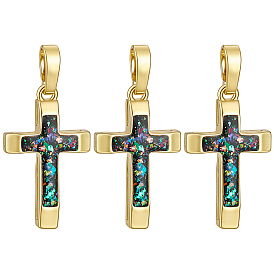 3Pcs Brass with Synthetic Opal Pendants, Cross Charms, Real 18K Gold Plated