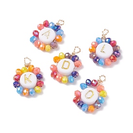 Electroplate Glass Bead  Pendants, with Eco-Friendly Copper Wire and Acrylic Beads, Flat Round with Letter