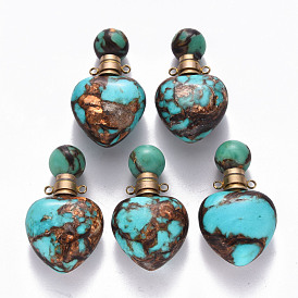 Heart Assembled Natural Bronzite and Synthetic Turquoise Openable Perfume Bottle Pendants, with Brass Findings, Dyed