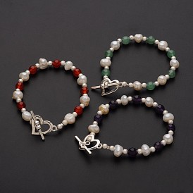 Привлекательные браслеты из бисера с драгоценными камнями, с жемчуг, латунные бусины и сердце сплава тумблеры застежками, 185 мм
