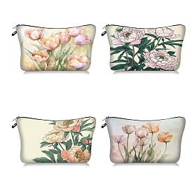 Flower Print Polyester Cosmetic Zipper Pouches, Waterproof Clutch Bag, Toilet Bag for Women