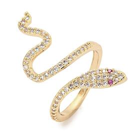 Brass Micro Pave Cubic Zirconia Cuff Rings, Snake Open Rings for Women, Long-Lasting Plated