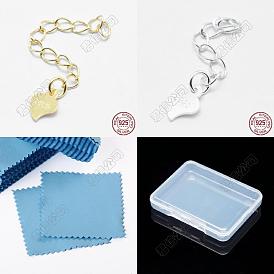 8 piezas 2 color 925 cadenas extensoras de plata esterlina, con lengüetas de cadena de corazones y sello s925, 1 Paño de pulido plateado cuadrado de tela de gamuza