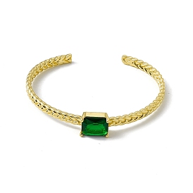 Green Glass Rectangle Open Cuff Bangle, Rack Plating Brass Jewelry for Women, Cadmium Free & Lead Free & Nickle Free