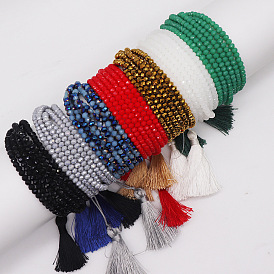 Glass Beads Wrap Bracelets for Women, Ronud, with Tassel, Faceted