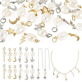 18 шт. 6 стили натуральный культивированный пресноводный жемчуг рис с 304 подвесками из нержавеющей стали в виде луны, звезд и молний, разнообразные, цветочный белый