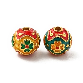 Alloy Beads, with Enamel, Round with Clover, Golden