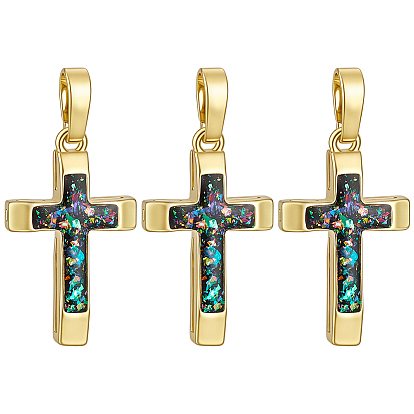 3Pcs Brass with Synthetic Opal Pendants, Cross Charms, Real 18K Gold Plated