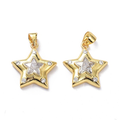 Brass Micro Pave Clear Cubic Zirconia Pendants, Long-Lasting Plated, Star
