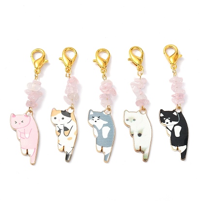 Cat Shapes Alloy Enamel Pendants Decorations, with Zinc Alloy Lobster Claw Clasps and Natural Rose Quartz Chips