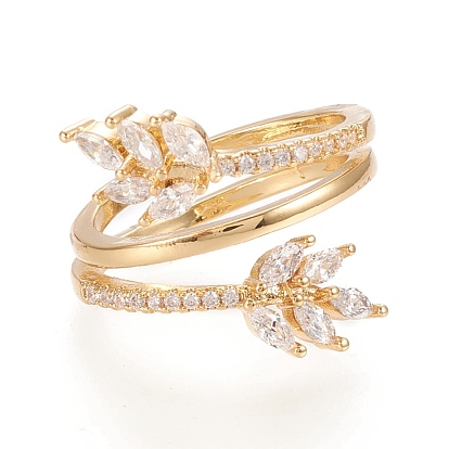 Adjustable Brass Micro Pave Clear Cubic Zirconia Cuff Rings, Open Rings, Leaf