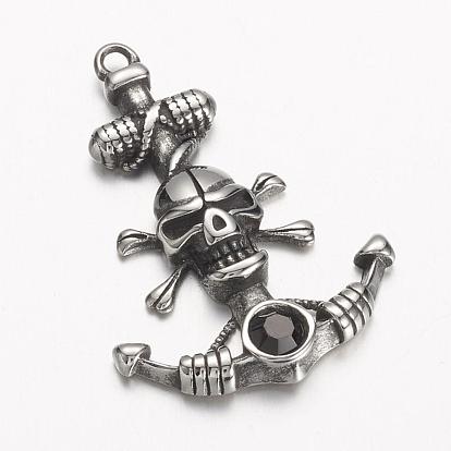 304 Stainless Steel Pendants, Anchor with Pirate Style Skull