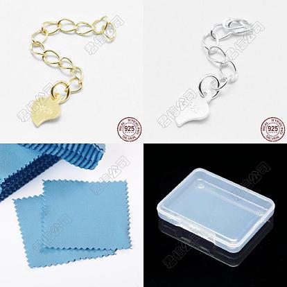8 piezas 2 color 925 cadenas extensoras de plata esterlina, con lengüetas de cadena de corazones y sello s925, 1 Paño de pulido plateado cuadrado de tela de gamuza