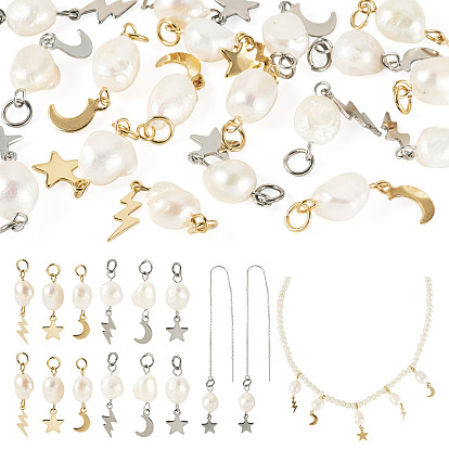 18 шт. 6 стили натуральный культивированный пресноводный жемчуг рис с 304 подвесками из нержавеющей стали в виде луны, звезд и молний, разнообразные, цветочный белый