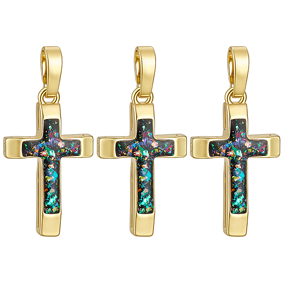 3Pcs Brass with Synthetic Opal Pendants, Cross Charms, Real 18K Gold Plated