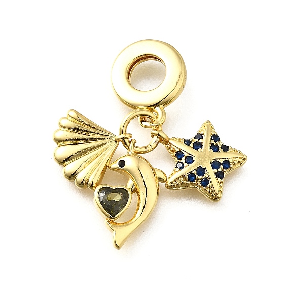 Латунные подвески с синими кубическими цирконами в европейском стиле, подвески в виде ракушки, морской звезды, дельфина с большим отверстием, долговечный, без свинца и без кадмия, стойки покрытие