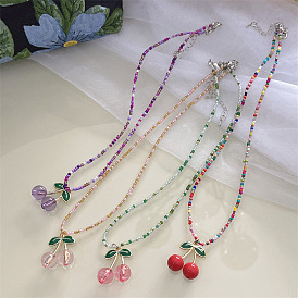 Colorful Beaded Cherry Necklace - Sweet and Cute Girl's Cherry Collarbone Chain.