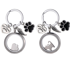 2Pcs 2 Styles 304 Stainless Steel & Glass & Alloy Enamel & 201 Stainless Steel Locket Pendant Keychains, Mixed Shapes, with Iron Split Key Rings