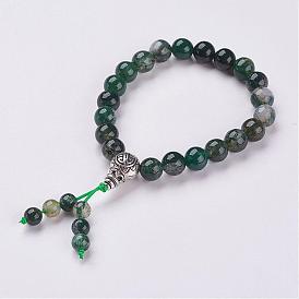 Natural Moss Agate Beads Stretch Bracelets, with Alloy Findings, Burlap Packing Pouches Drawstring Bags