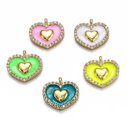 Brass Micro Pave Clear Cubic Zirconia  Pendants, with Enamel, Long-Lasting Plated, Real 18K Gold Plated, Heart