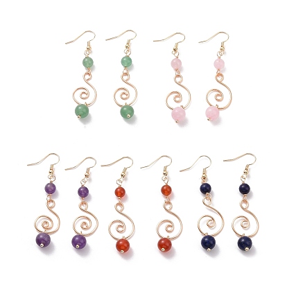 Pierre naturelle mixte Pendants d'oreilles, boucles d'oreilles enveloppées de fil de cuivre doré clair pour femmes