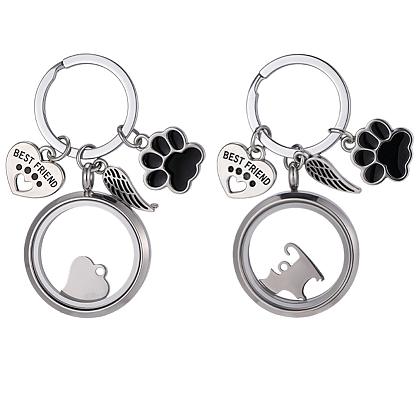 2Pcs 2 Styles 304 Stainless Steel & Glass & Alloy Enamel & 201 Stainless Steel Locket Pendant Keychains, Mixed Shapes, with Iron Split Key Rings