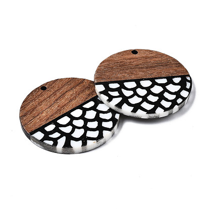 Resin & Walnut Wood Pendants, Flat Round with Scale