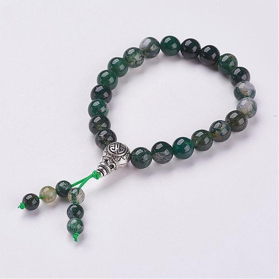 Natural Moss Agate Beads Stretch Bracelets, with Alloy Findings, Burlap Packing Pouches Drawstring Bags