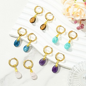 Серьги-кольца в форме капли с натуральным драгоценным камнем, висячие серьги с 202 кольцом из нержавеющей стали и 316 булавкой из хирургической нержавеющей стали