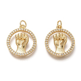 Brass Micro Pave Clear Cubic Zirconia Pendants, with Jump Rings, Long-Lasting Plated, Flat Round with Resist