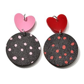 Подвески из тополя, плоский круглый с узором в горошек и подвесками в виде сердечек, с акриловой и платиновой петлей