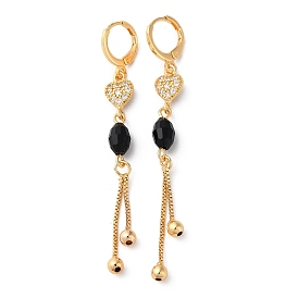 Rhinestone Heart Leverback Earrings with Glass Beaded, Brass Chains Tassel Earrings for Women
