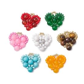 Gemstone Love Heart Valentine's Day Pendants, Handmade Glass Seed Beads Loom Heart Charms