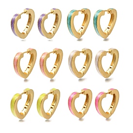 Rack Plating Hollow Heart Brass Hoop Earrings, with Enamel, Long-Lasting Plated, Lead Free & Cadmium Free, Real 18K Gold Plated