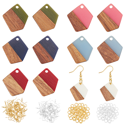 12 piezas 6 colores resina y colgantes de madera de nogal, 24 pcs 2 colores Ganchos de latón para pendientes y anillos de salto, para kits de fabricación de aretes colgantes de bricolaje
