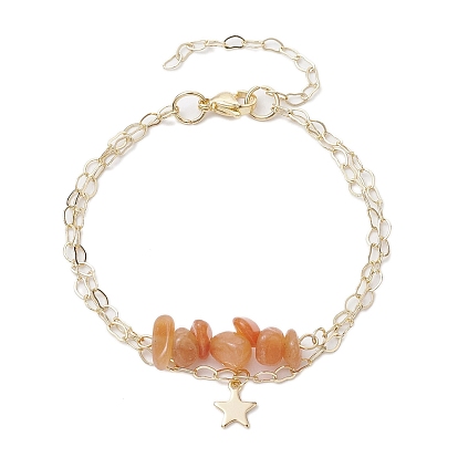 Gemstone Chip Multi-Strand Bracelet Sets, Star Charm 304 Stainless Steel Twisted Chain Stackable Bracelets for Women