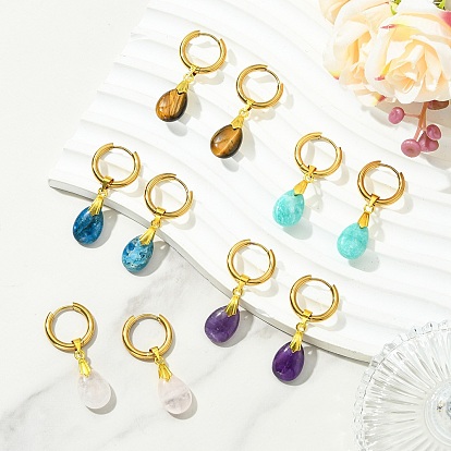 Серьги-кольца в форме капли с натуральным драгоценным камнем, висячие серьги с 202 кольцом из нержавеющей стали и 316 булавкой из хирургической нержавеющей стали