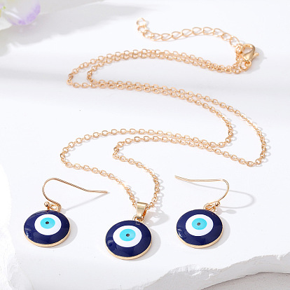 Stunning 14MM Deep Blue Eye Earrings and Necklace Set with Turkish Evil Eye Charm for Sweater Chain