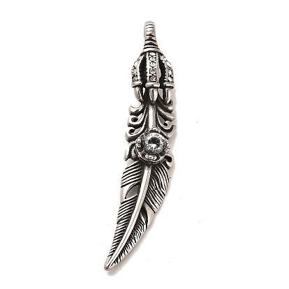 304 Stainless Steel with Crystal Rhinestone Big Pendants, Feather Charms