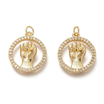 Brass Micro Pave Clear Cubic Zirconia Pendants, with Jump Rings, Long-Lasting Plated, Flat Round with Resist