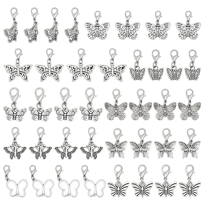 40Stück 10Stile Legierung Anhänger Dekorationen, mit Alu-Karabiner Schnallen, Schmetterling