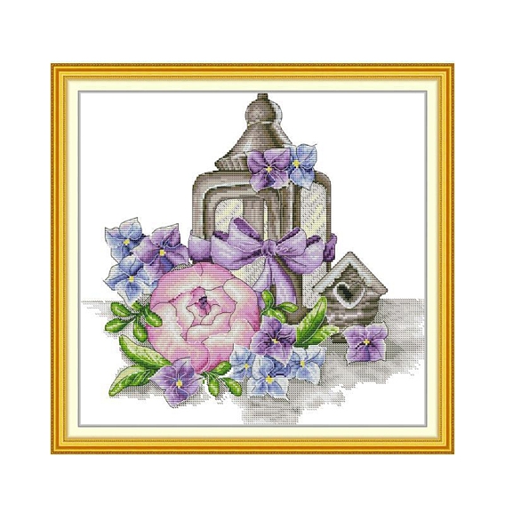 Lantern with Flower Pattern DIY Cross Stitch Beginner Kits, Stamped Cross Stitch Kit, Including 11CT Printed Cotton Fabric, Embroidery Thread & Needles, Instructions