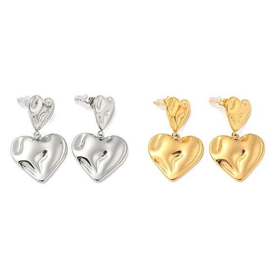 304 Stainless Steel Dangle Stud Earrings, Textured Heart