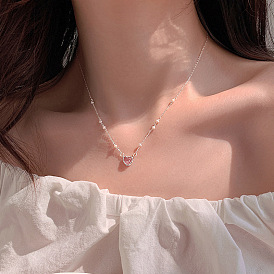 Fashion Cat Eye Stone Heart Pearl Minimalist Collarbone Chain with Pink Crystal Rose Gold Necklace
