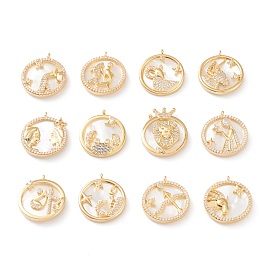 Real 18K Gold Plated Brass Micro Pave Clear Cubic Zirconia Pendants, with Shell, Long-Lasting Plated, Flat Round with Constellation