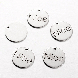 Spray Painted 201 201 Stainless Steel Charms, Flat Round with Words, 14x1mm, Hole: 1mm