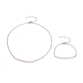 304 Stainless Steel Rolo Chains Necklace & Bracelet Jewelry Sets, with Natural Freshwater Pearl, Tiger Tail Craft Wire and Lobster Claw Clasps
